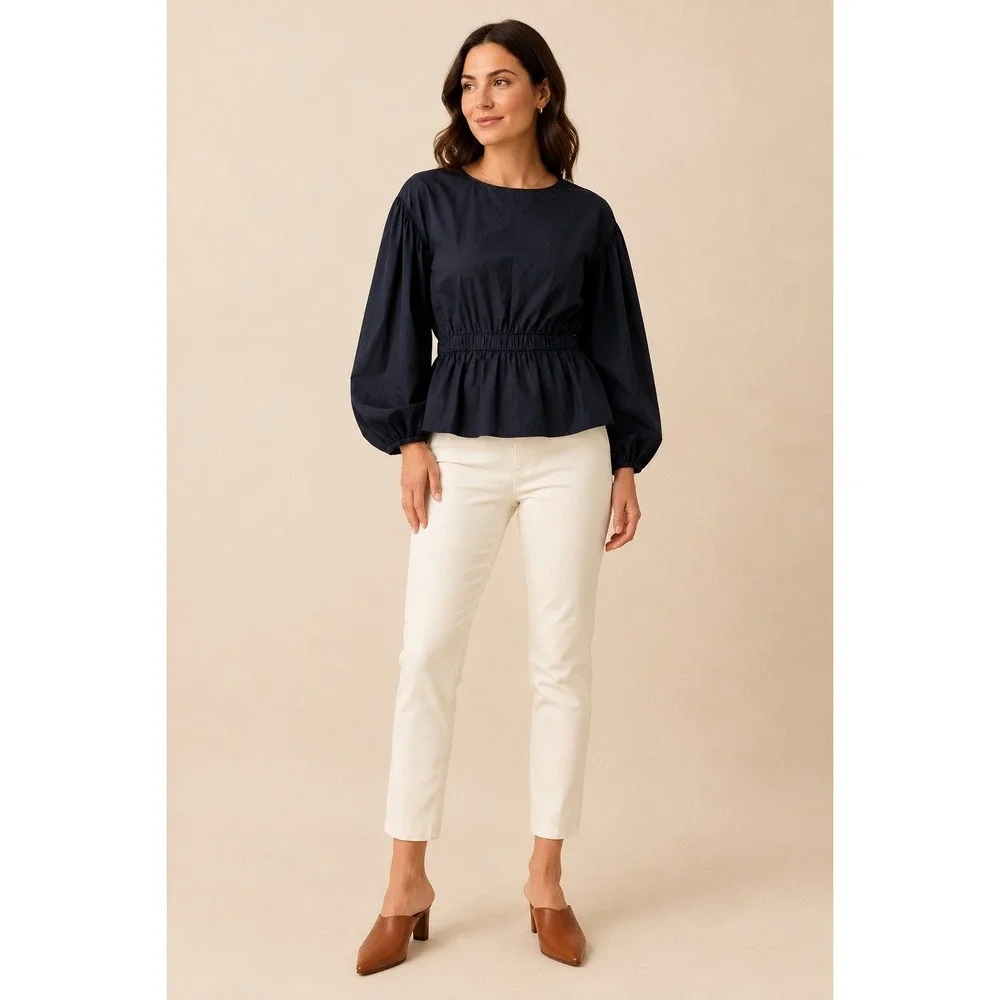 Banana Republic Navy Blue Puff Sleeve Peplum Blouse Minimalist Old Money Top M